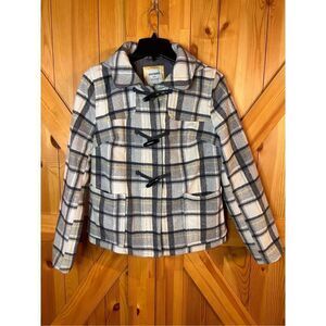 Old Navy Wool Blend Coat Womens Size Medium Gray Yellow Plaid Flannel Hood Pocke
